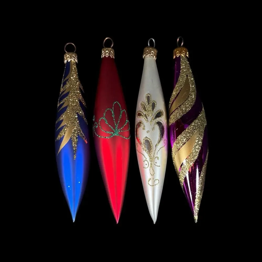 Lot of 4 Slovenia Glass Icicle Drop Christmas Ornaments Glitter Blue Red Purple